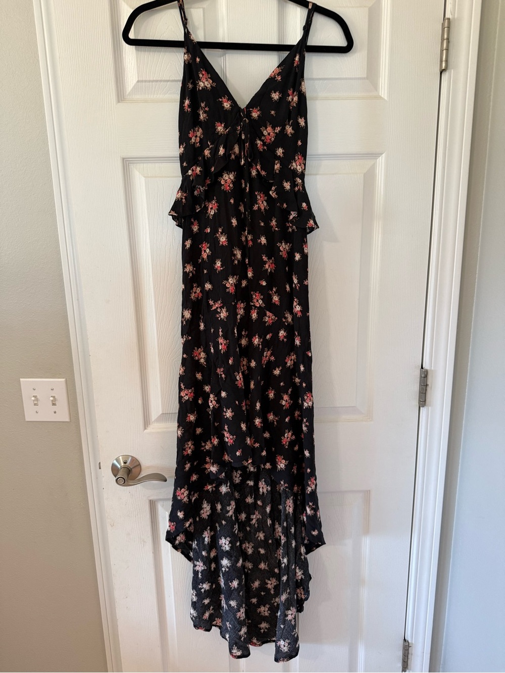 Carly Jean Los Angeles Black Floral High-Low Maxi Dress with Pink Accents-Medium